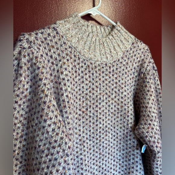 Cece Sweater Women Size XL Purple Cream Blouson Sleeve Jacquard Knit Mock Neck - Picture 2 of 9